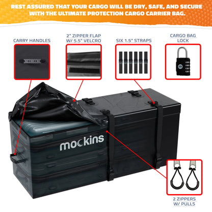 Mockins 60"x20"x6" Car Cargo Carrier Hitch Mount | 500 lbs Cap. Folding Hitch Basket with 16 CF Cargo Bag