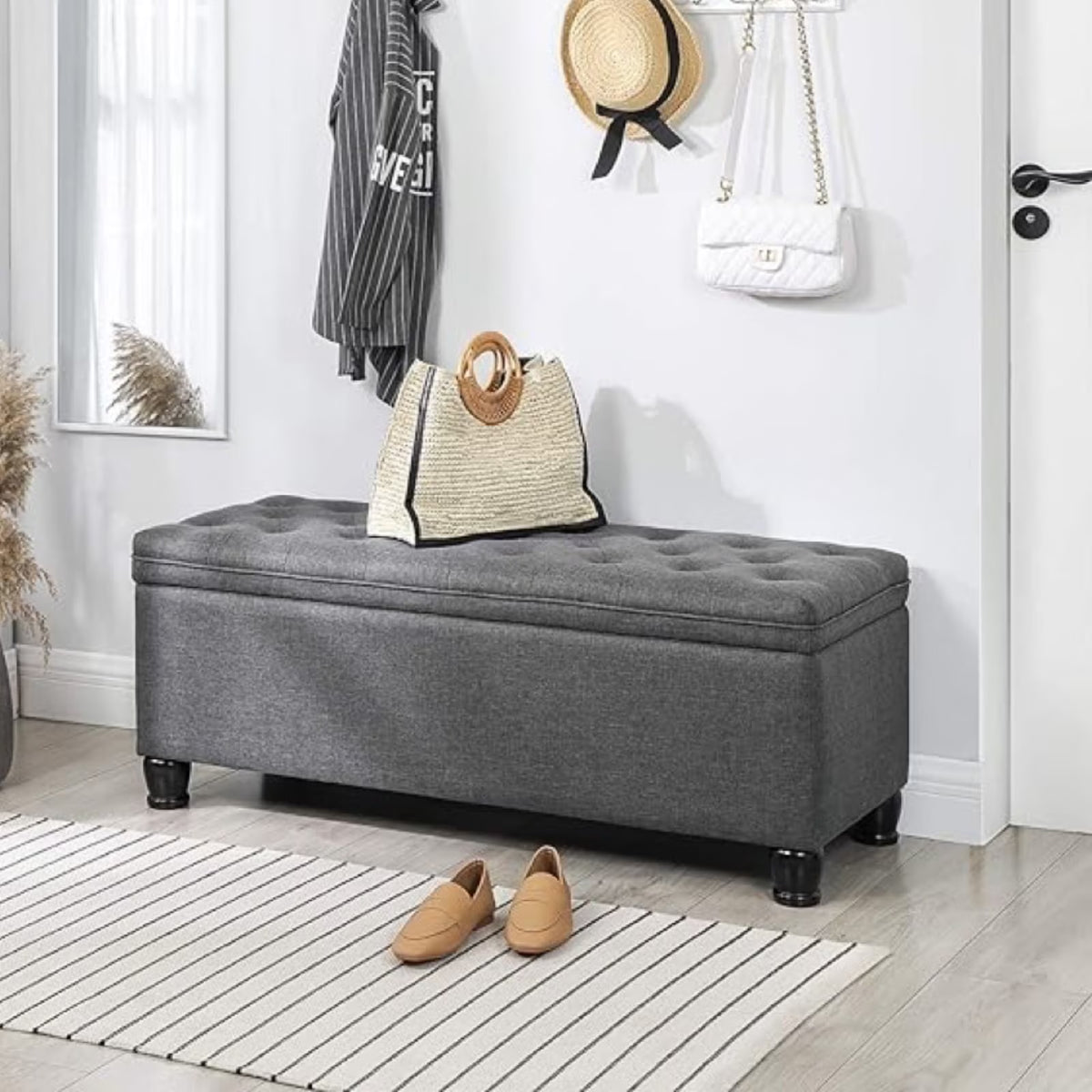 SONGMICS 46.5" Storage Ottoman Bench Storage Bench Bedroom Bench 330lb Load Capacity Solid Wood Legs Light Gray