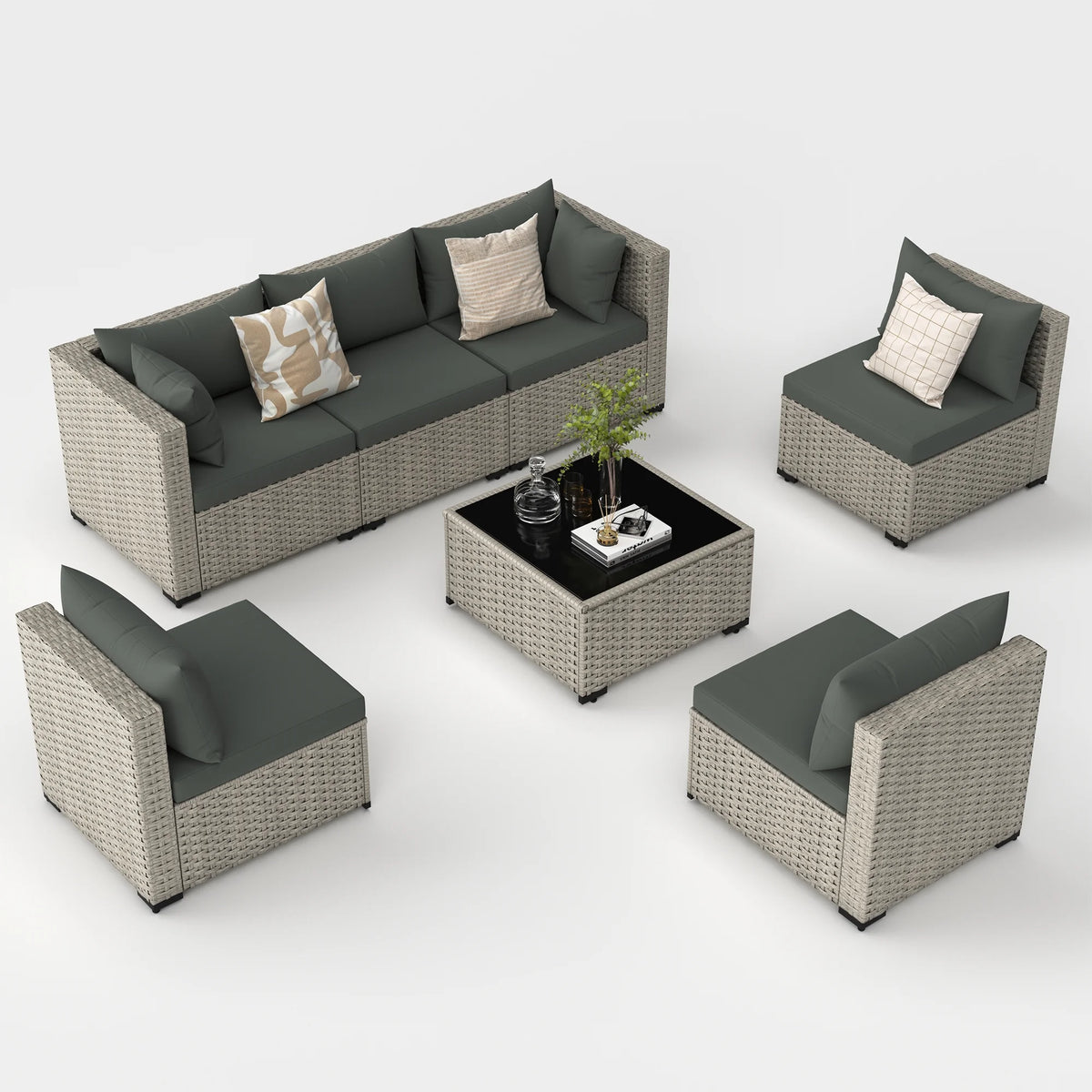 7 Pieces Patio Conversation Set, Outdoor Sectional PE Rattan Wicker Furniture Seat,Dark Gray