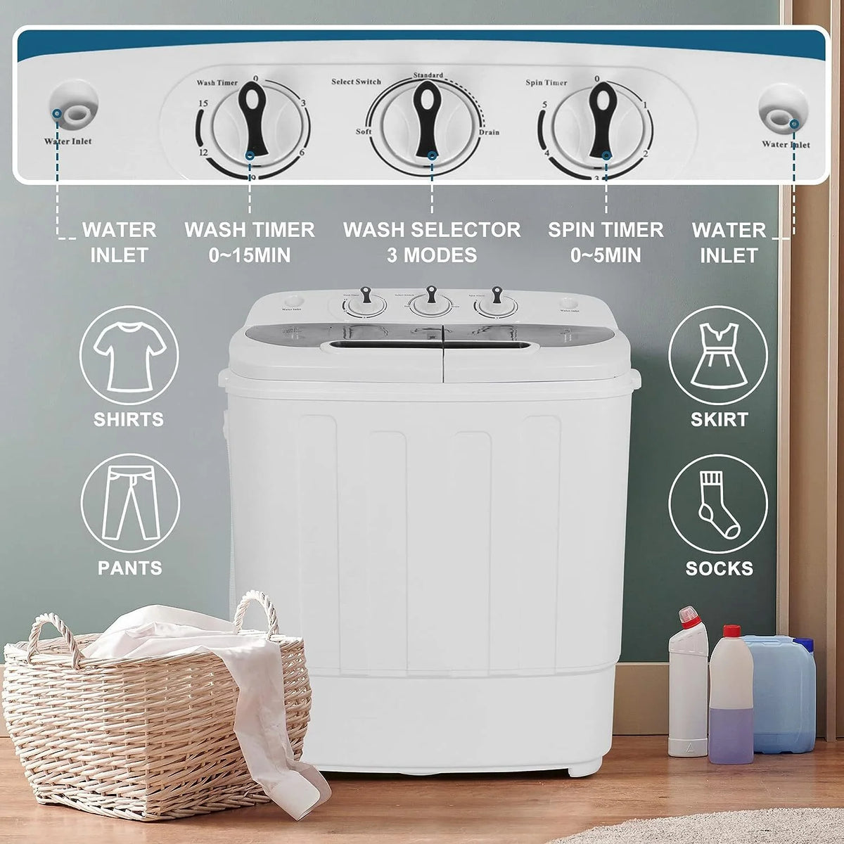 Compact Mini Twin Tub Washing Machine Portable 13lbs Laundry Washer and Dryer