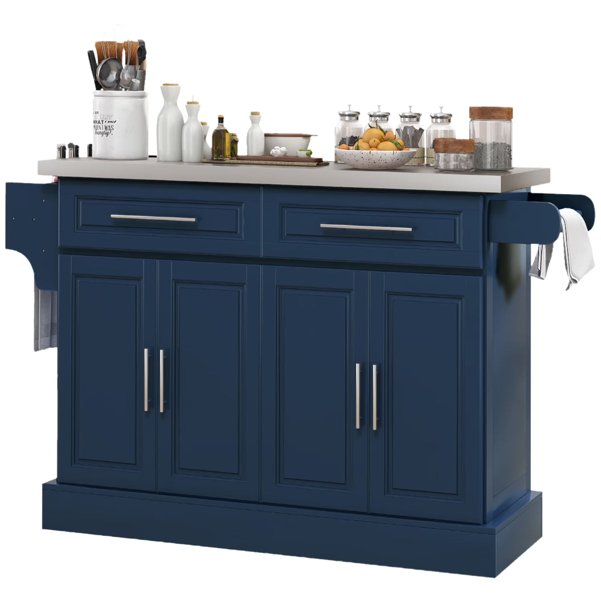 HOMCOM Multi-functional Rolling Kitchen Island Cart with Cabinets and Drawers, Portable Kitchen Storage Cabinet with Spice Rack, Towel Rack, Knife Rack, Steel Top