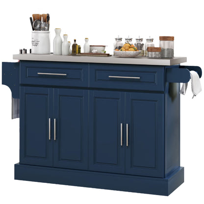 HOMCOM Multi-functional Rolling Kitchen Island Cart with Cabinets and Drawers, Portable Kitchen Storage Cabinet with Spice Rack, Towel Rack, Knife Rack, Steel Top