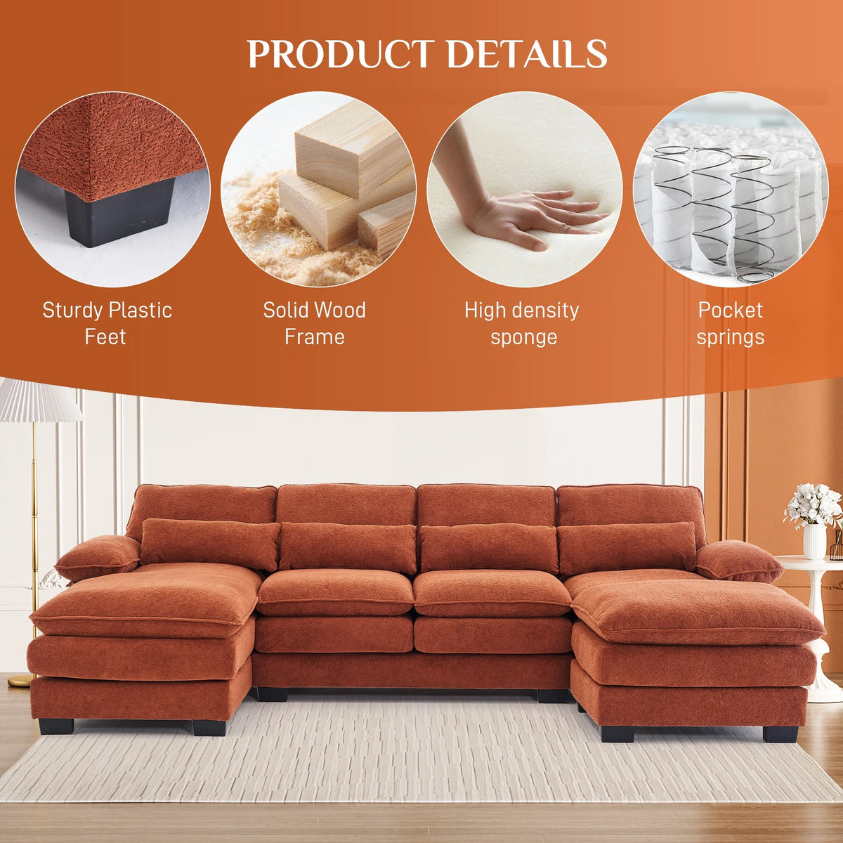 Rophefx 114.3" U Shaped Sectional Couches for Living Room,Cloud Couch,4 Seats Chenille Couch with Double Layer Cushion,Orange
