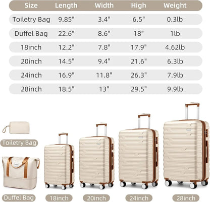 6-Piece Hardshell Luggage Set with Expandable Spinner Suitcases & TSA Lock, 25% Extra Capacity, Duffel Bag & Toiletry Kit, Cream ABS Suitcases