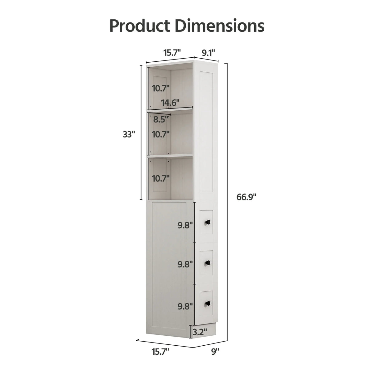 LAUSAINT HOME Bathroom Storage Cabinet, Tall Thin White Storage with 2 Adjustable Shelves & 3-level Drawers for Home, Kitchen