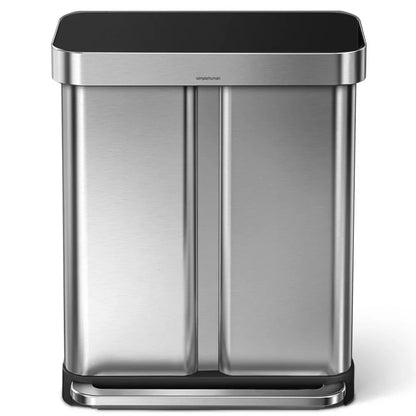 simplehuman 58 Liter / 15.3 Gallon Rectangular Dual Compartment Recycling Step, Brushed Stainless Steel with Soft-Close Plastic Lid Kitchen Trash Can
