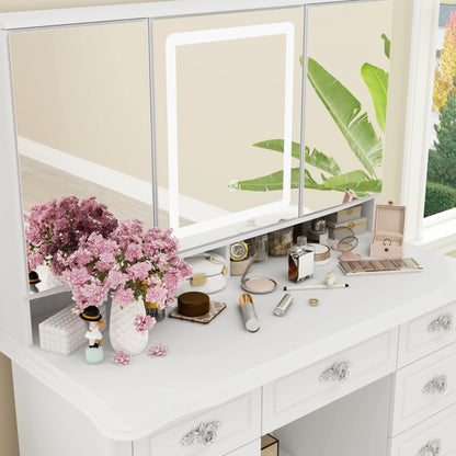 OXYLIFE Vanity Desk with Lighted Mirror, Makeup Dressing Table with 9 Drawer and Drawer Divier for Bedroom