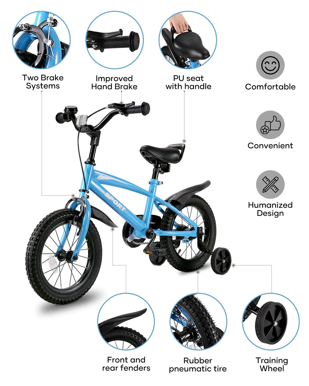 Naipo 14" Kids Bike Girls and Boys Blue Bike for Age 3-6 Years Old