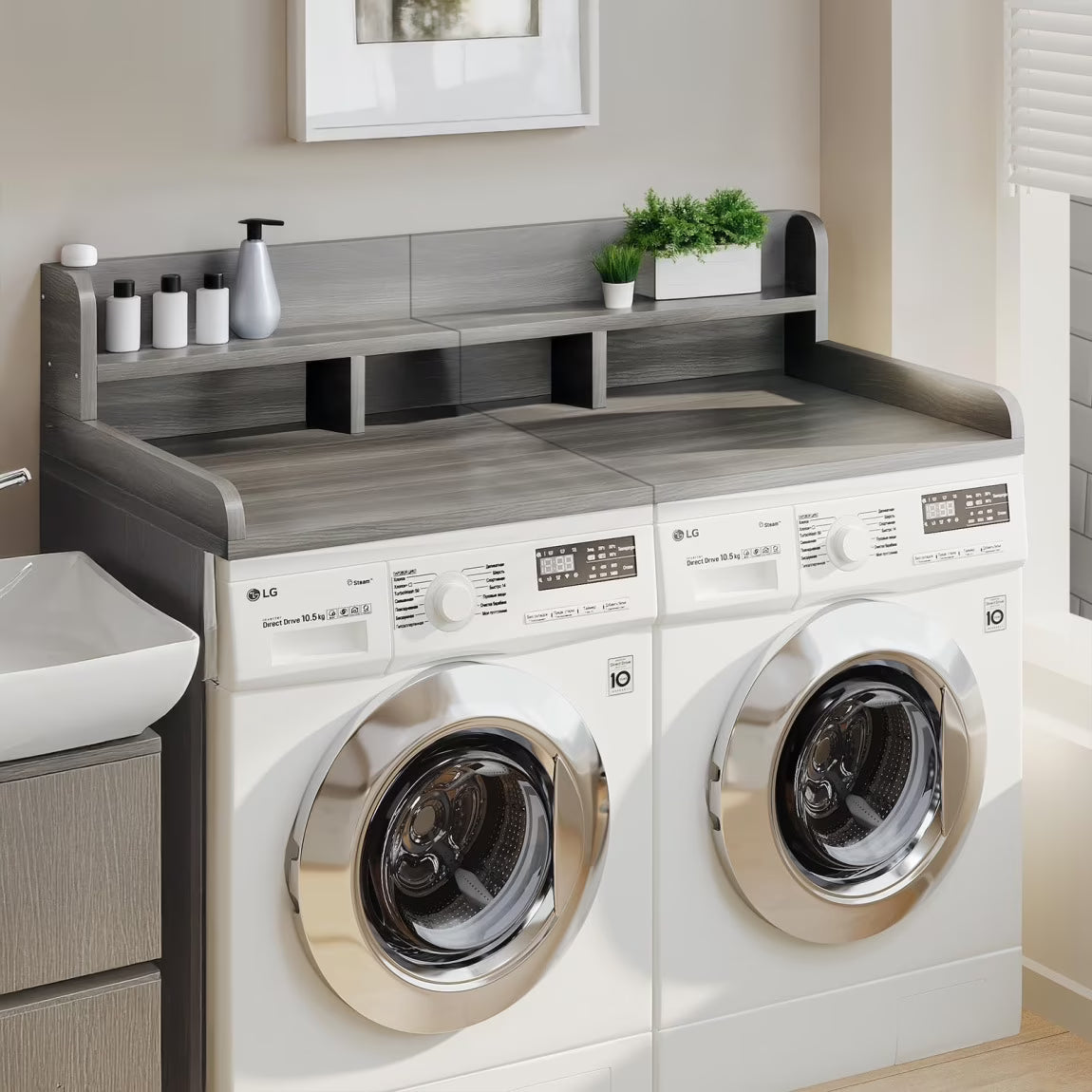 Modern Washer Dryer Countertop with 2-Tier Shelf,Laundry Room Countertop Organization Storage with 2.75" H Guard Edge Rails,Non-Slip Pad,Waterproof and Easy to Clean,54"W x 27.55"D,Natural Wood