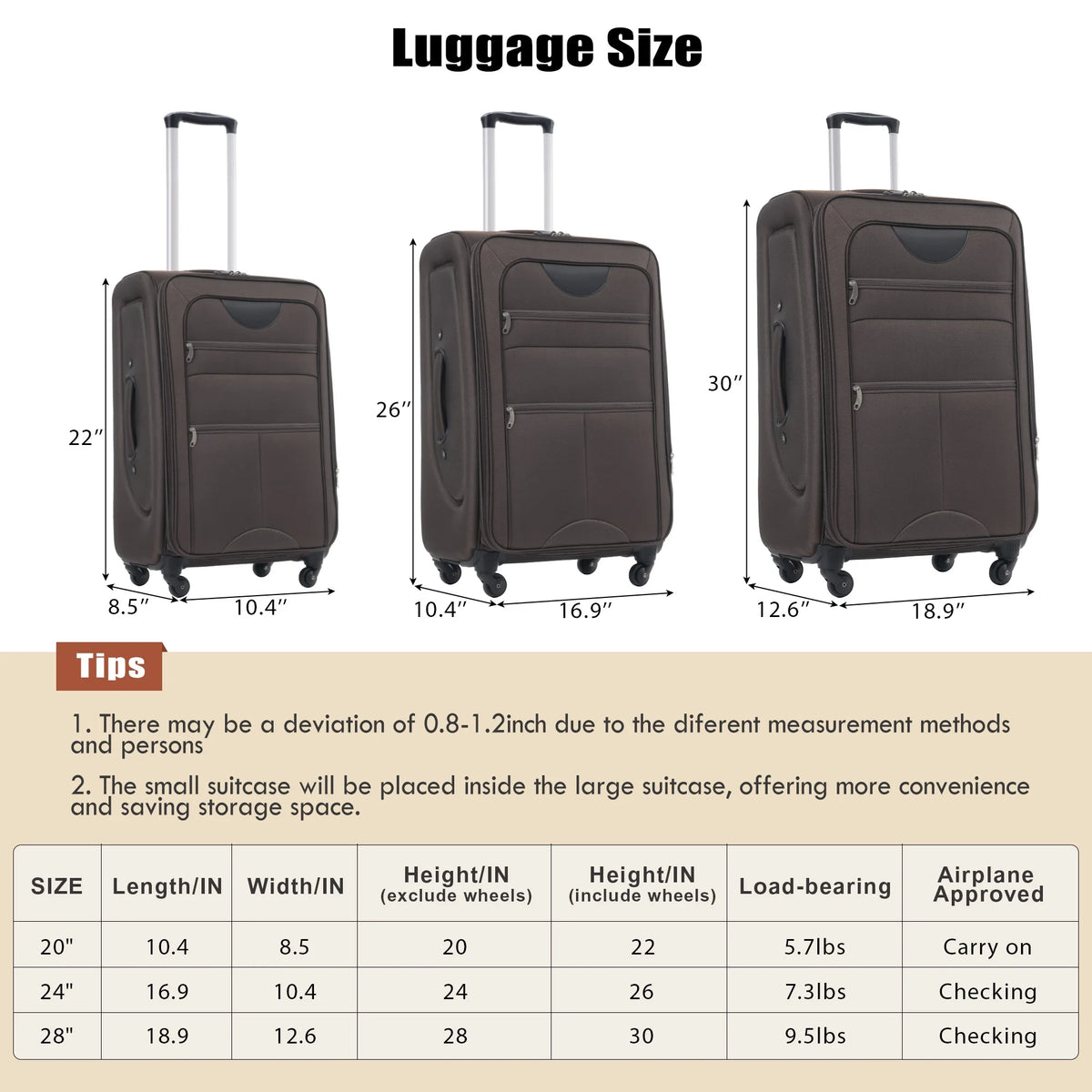 EUROCO 3 Piece Softside Luggage Set,Expandable Suitcase Set with TSA Lock and Spinner Wheels,Lightweight Suitcase for Men Women(20",24",28"),Black