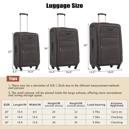 EUROCO 3 Piece Softside Luggage Set,Expandable Suitcase Set with TSA Lock and Spinner Wheels,Lightweight Suitcase for Men Women(20",24",28"),Black