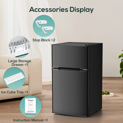 Auseo 3.1 Cu.Ft Double Door Mini Fridge with Freezer, Compact Retro Refrigerator for Dorm, Office, Bar, Bedroom, Black