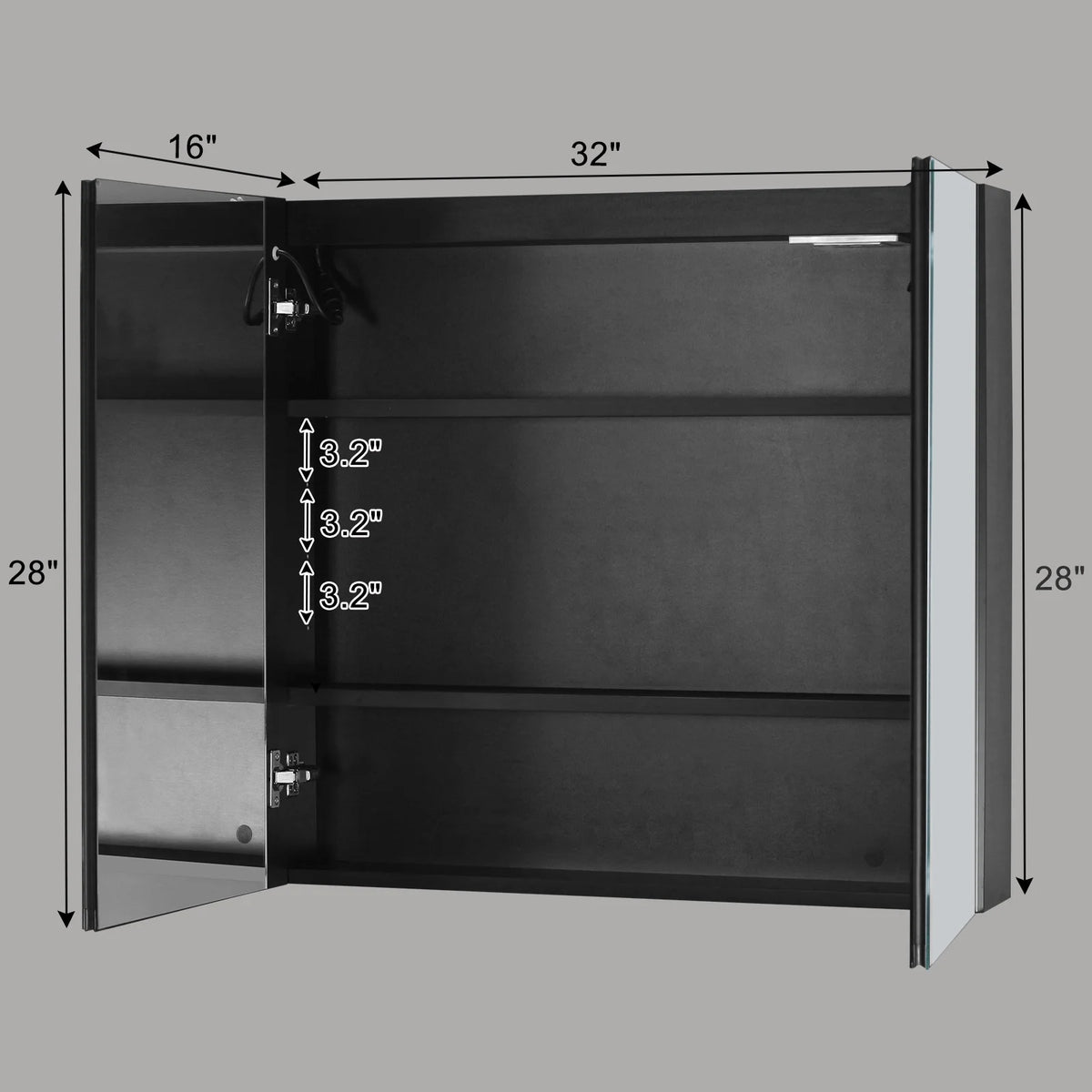 Ktaxon LED Lighted Medicine Cabinet with Mirror Bathroom Wall Cabinet w/ Defogger, Dimmable, Memory function, Outlets & USB, 32"x28", Black