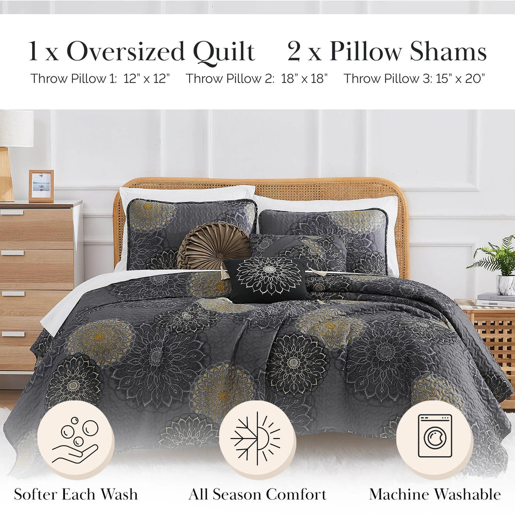 Southshore Fine LinensOversized 5-Piece Twin / Twin XL Quilt Bedding Set with two matching shams and three decorative throw pillows, oversized Paisley farmhouse bedspread Pure Melody Aqua