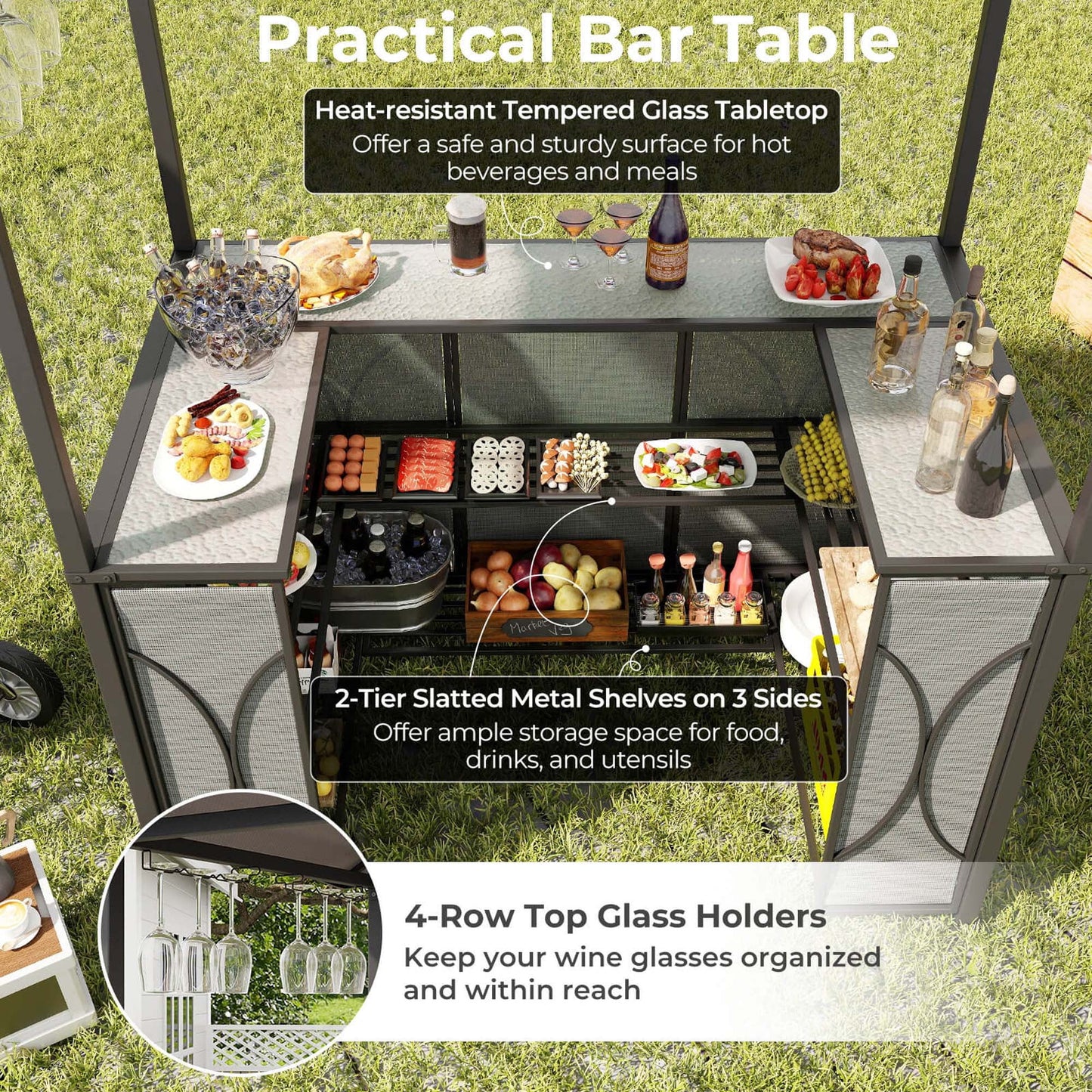 Costway 3 PCS Patio Bar Set with Tempered Glass Bar Table Metal Storage Shelves for Garden Grey