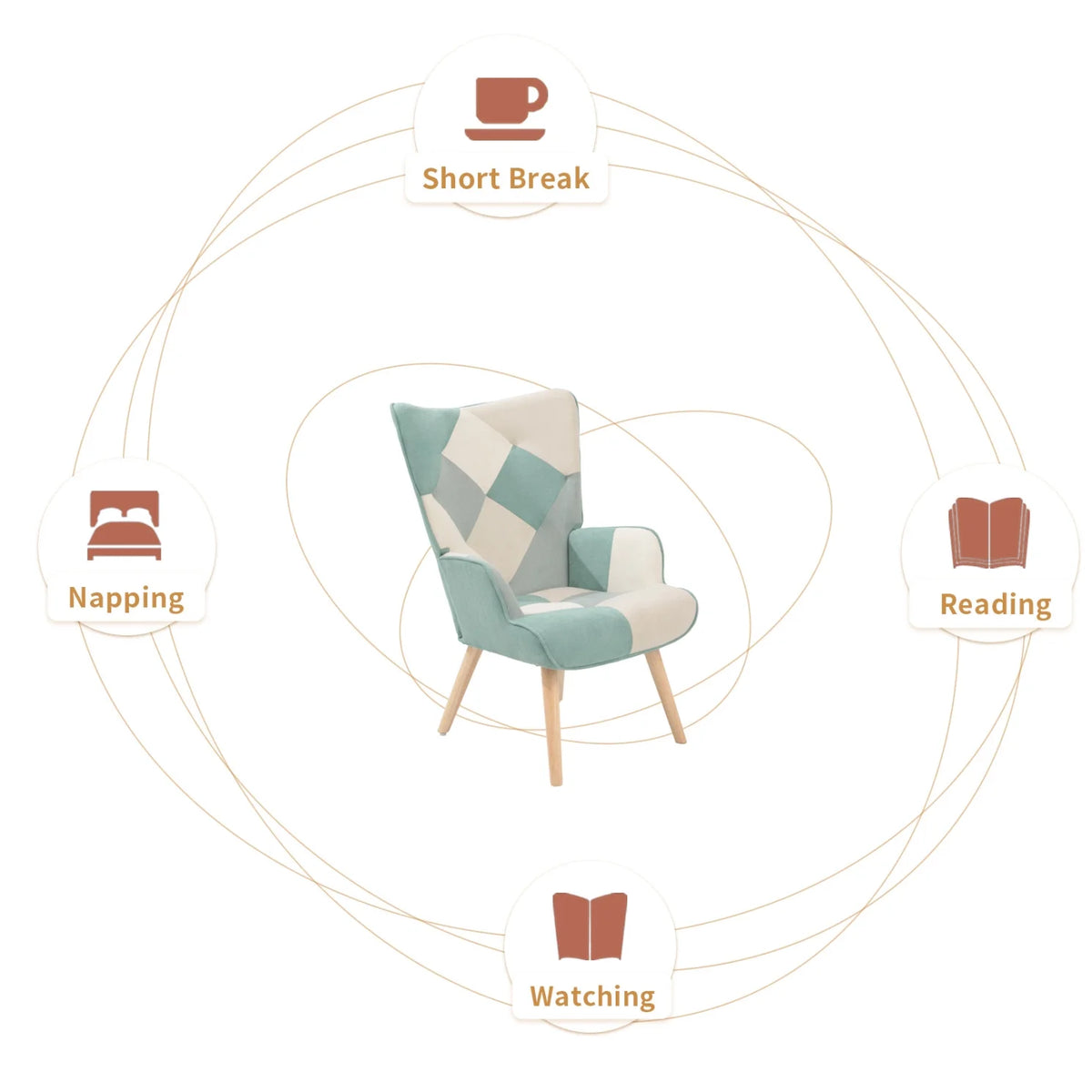 Modern Accent Chair with Solid Wood Legs and High Wing Backrest, Side Chair Set with Ottoman, Comfy Side Armchair for Living Room, Reading Room, Bedroom, Colorful Patchwork