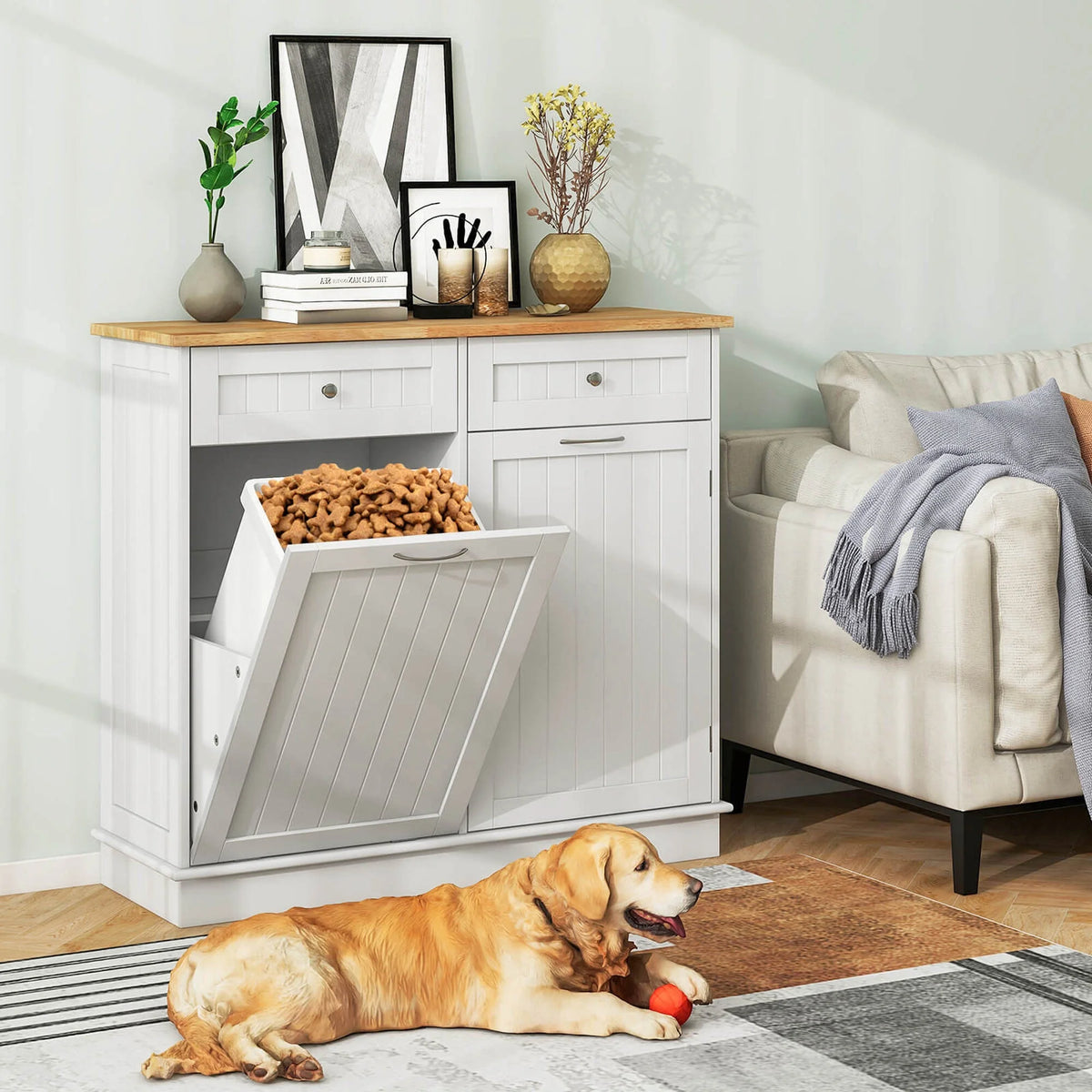Costway 15.5 Gallon Kitchen Tilt Out Trash Cabinet Rubber Wood Tabletop 2 Drawers Shelf Gray