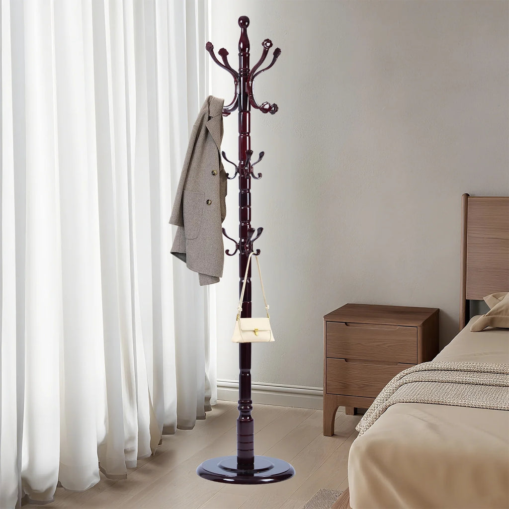 Coat Rack Freestanding, Hall Tree with 11 Hooks, Heavy Duty Wooden Coat Tree Stand, Adjustable Height, Sturdy Base for Bedroom Hallway Office - Load 270lbs