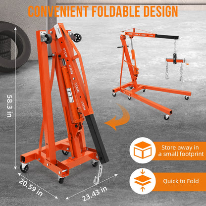 GARVEE 2 Ton Folding Hydraulic Engine Hoist with Lever,Folding Engine Shop Crane Hoist Lift,Heavy Cherry Picker with 6 Wheels for Garage,Workshop,Yellow