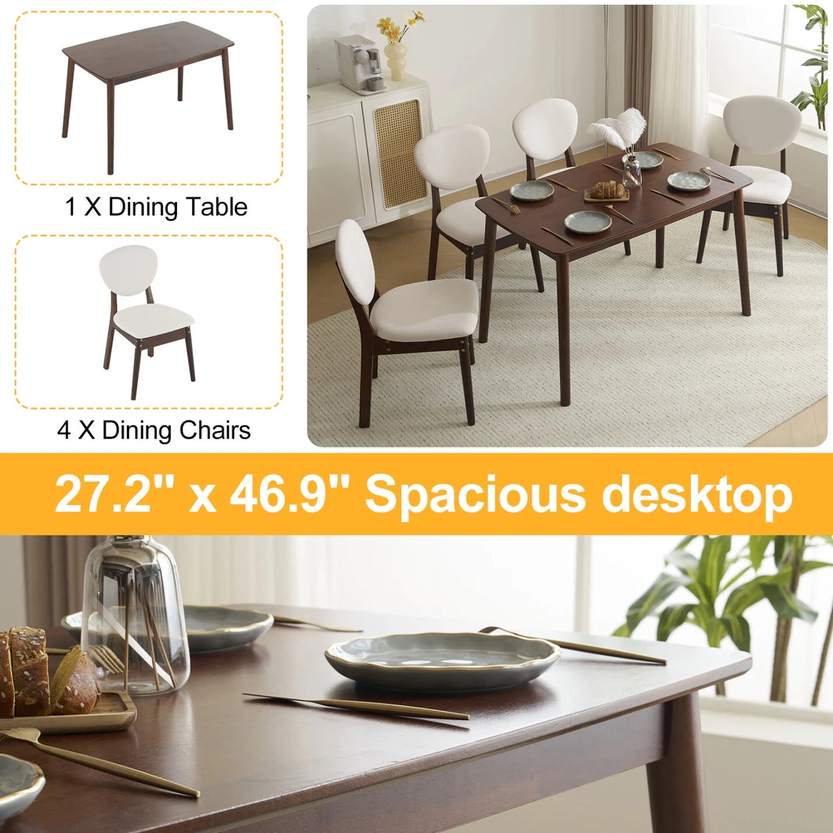 5-Piece Wooden Kitchen Table and Chair Set, Dinette Sets with 1 Rectangular Table and 4 Upholstered Chairs, Space-Saving Dining Table Set for 4, Natural