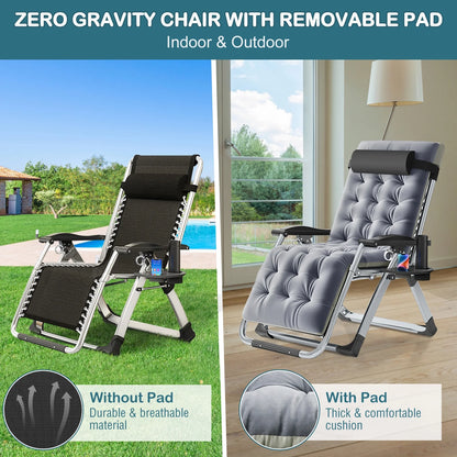 NAIZEA 2 Pack Zero Gravity Chair, Foldable Portable Lawn Recliner with Cushion, Headrest, Cup Holder, Black