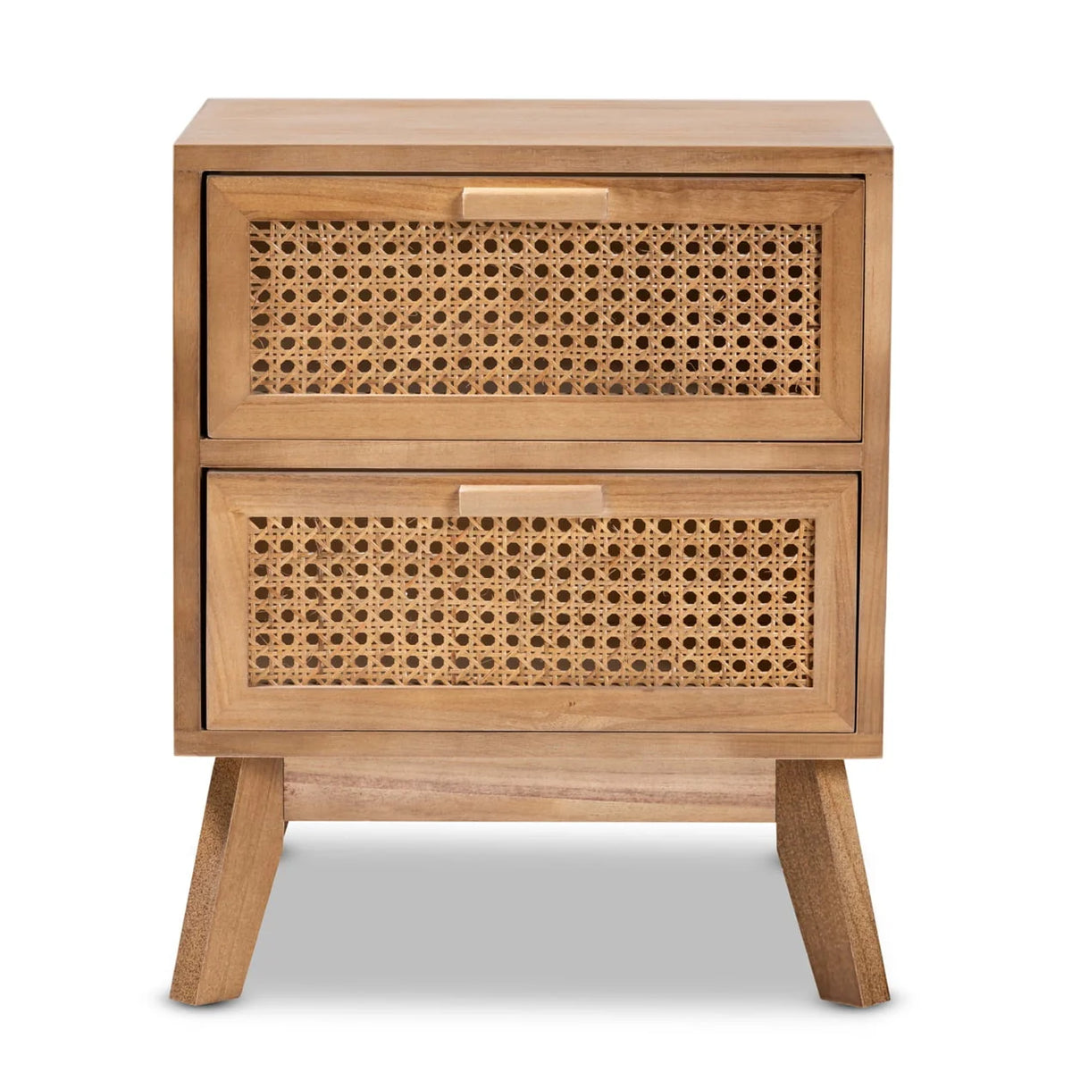 Baxton Studio Baden Mid-Century Modern Walnut Brown Finished Wood 2-Drawer Nightstand with Rattan,Wholesale Interiors