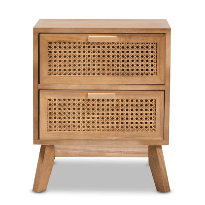 Baxton Studio Baden Mid-Century Modern Walnut Brown Finished Wood 2-Drawer Nightstand with Rattan,Wholesale Interiors