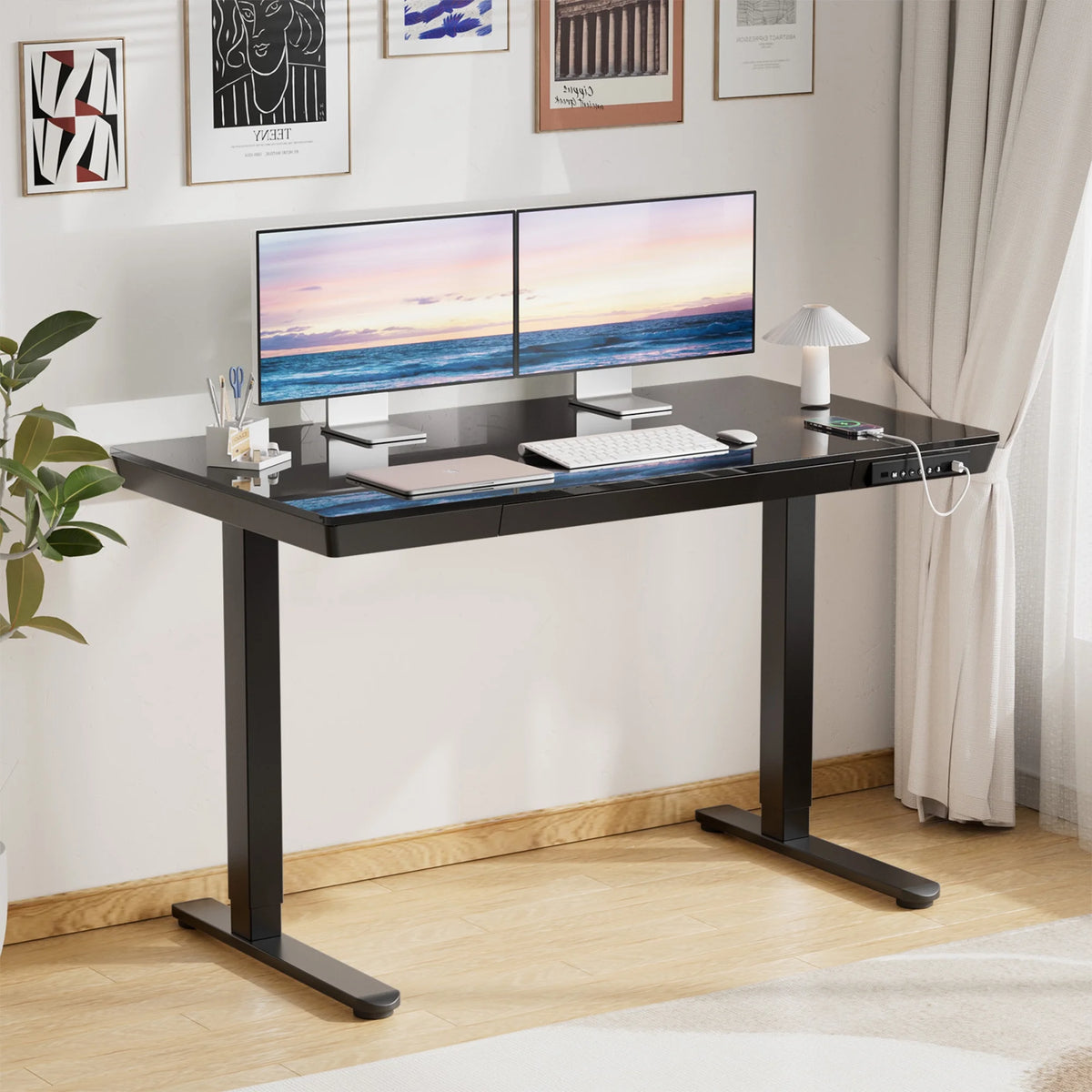 CHITOOMA Glass Top Electric Standing Desk with Drawer, 48'' x 24'' Electric Height Adjustable Desk with USB Charging Ports, Sit Stand up for Home Office
