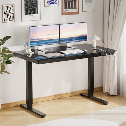 CHITOOMA Glass Top Electric Standing Desk with Drawer, 48'' x 24'' Electric Height Adjustable Desk with USB Charging Ports, Sit Stand up for Home Office