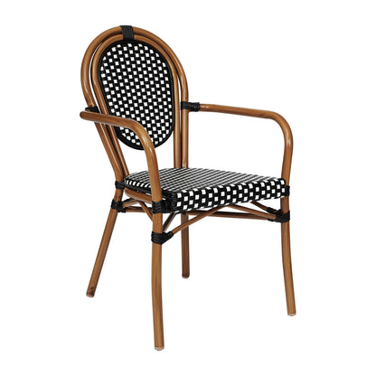 Merrick Lane Stacking Thonet French Bistro Style Chair with Arms, Black & White PE Rattan Seat, and Bamboo Finished Metal Frame for Indoor/Outdoor Use