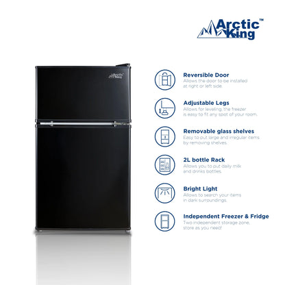 Arctic King 3.2 Cu ft Two Door Mini Fridge with Freezer, Stainless Steel, E-Star