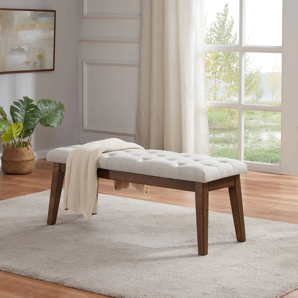 HUIMO Button-Tufted Bench for End of Bed, Entryway Bench with Upholstered Linen Fabric, Ottoman Bench for Living Room,Dining Bench for Kitchen(Beige)