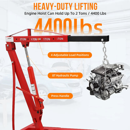 GARVEE 2 Ton Folding Hydraulic Engine Hoist with Lever,Folding Engine Shop Crane Hoist Lift,Heavy Cherry Picker with 6 Wheels for Garage,Workshop,Yellow