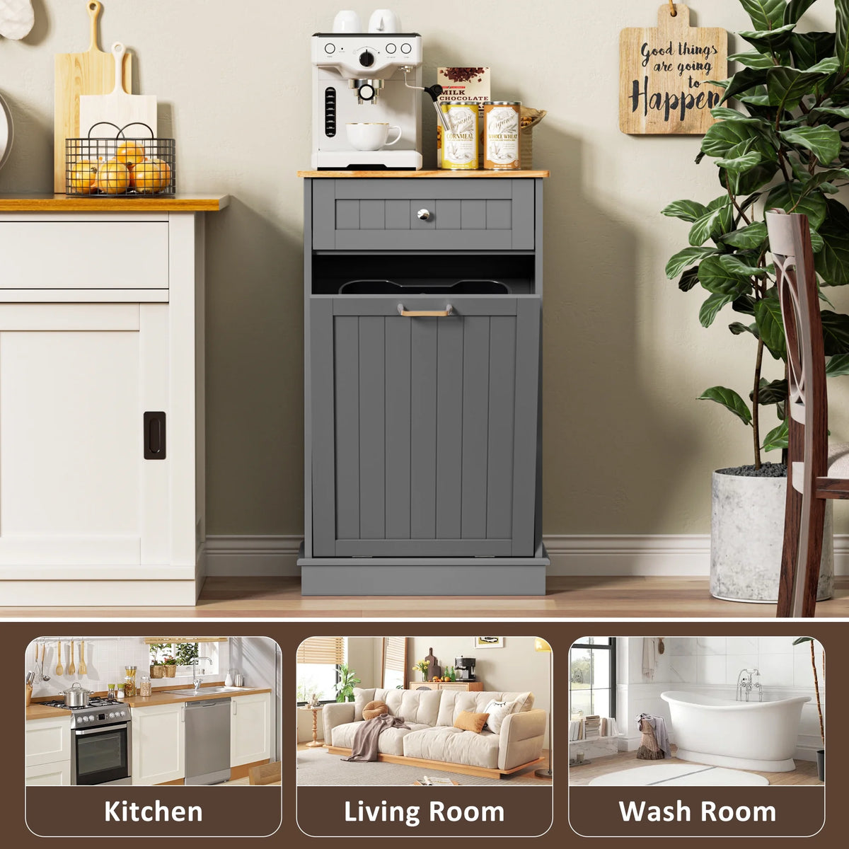 HARIPUL Single Tilt Out Trash Cabinet for 13 Gallon Waste Bin, Free Standing Kitchen Trash Can Cabinet with Drawers, White