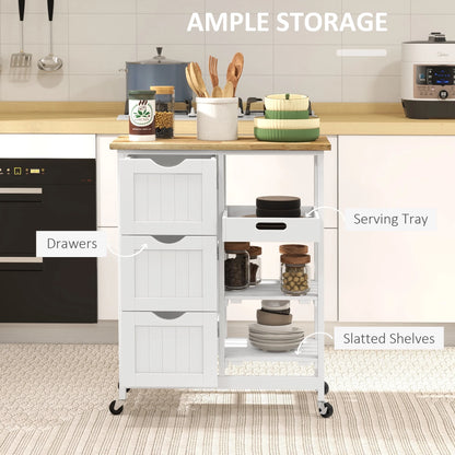HOMCOM Rolling Kitchen Island Cart, Bar Serving Cart, Compact Trolley on Wheels with Wood Top, Shelves & Drawers for Home Dining Area, Grey