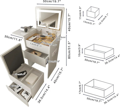 Vanity Desk with Flip Top Lighted Mirror, Compact Makeup Table with Storage Stool, Integrated Vanity with Drawers, 3-in-1 Vanity Set, Small Dressing Desk for Bedroom
