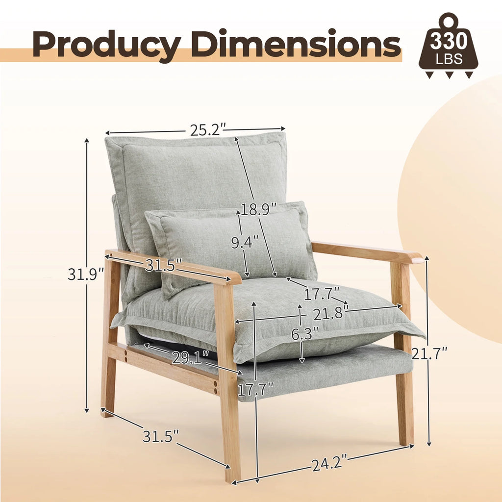 Ktaxon Chenille Accent Chair, Solid Wood Armrests Armchair, Metal Frame for Stability, Single Sofa with Comfortable Cushions and Lumbar Pillow Beige