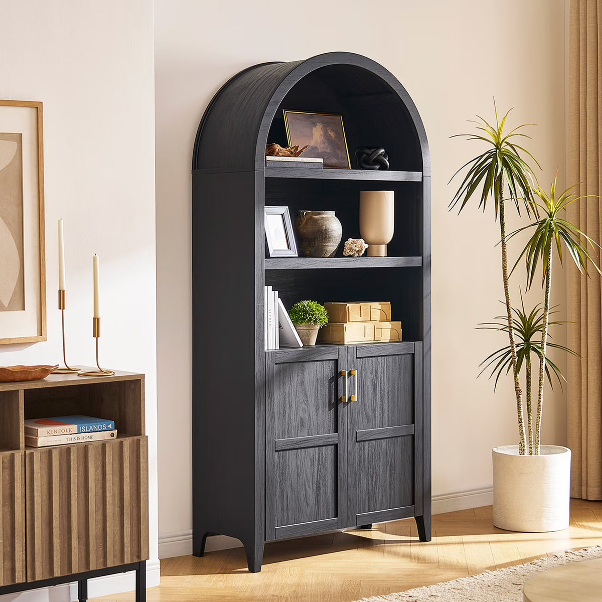 mopio Lauren 65.4" Arched Cabinet, 5-Tier Arched Bookcase with Doors and Shelves, Arched Bookshelf with Storage, Kitchen Pantry Cabinet, Wooden Storage Cabinet for Living Room, Kitchen (Oak)
