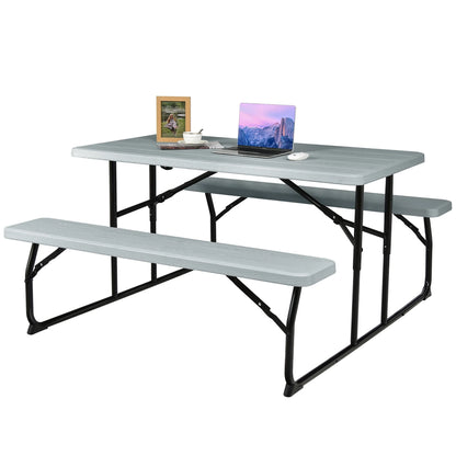 Costway Indoor & Outdoor Folding Picnic Table Bench Set w/ Wood-like Texture Grey