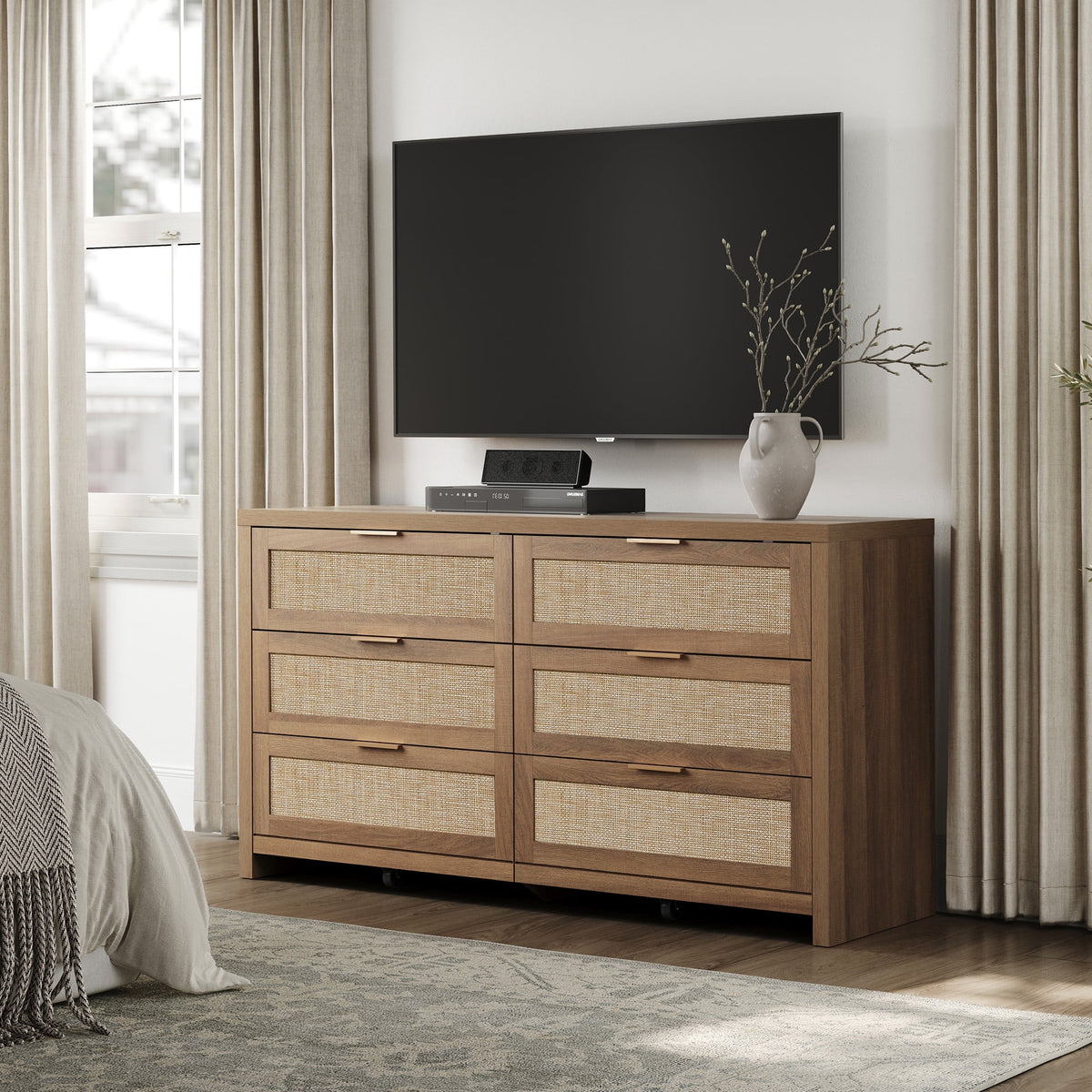 SICOTAS 56.85" 6 Drawer Dresser,Rattan Dresser with Storage,Boho Dressers & Chests of Drawers Wooden Tall  Dresser for Bedroom