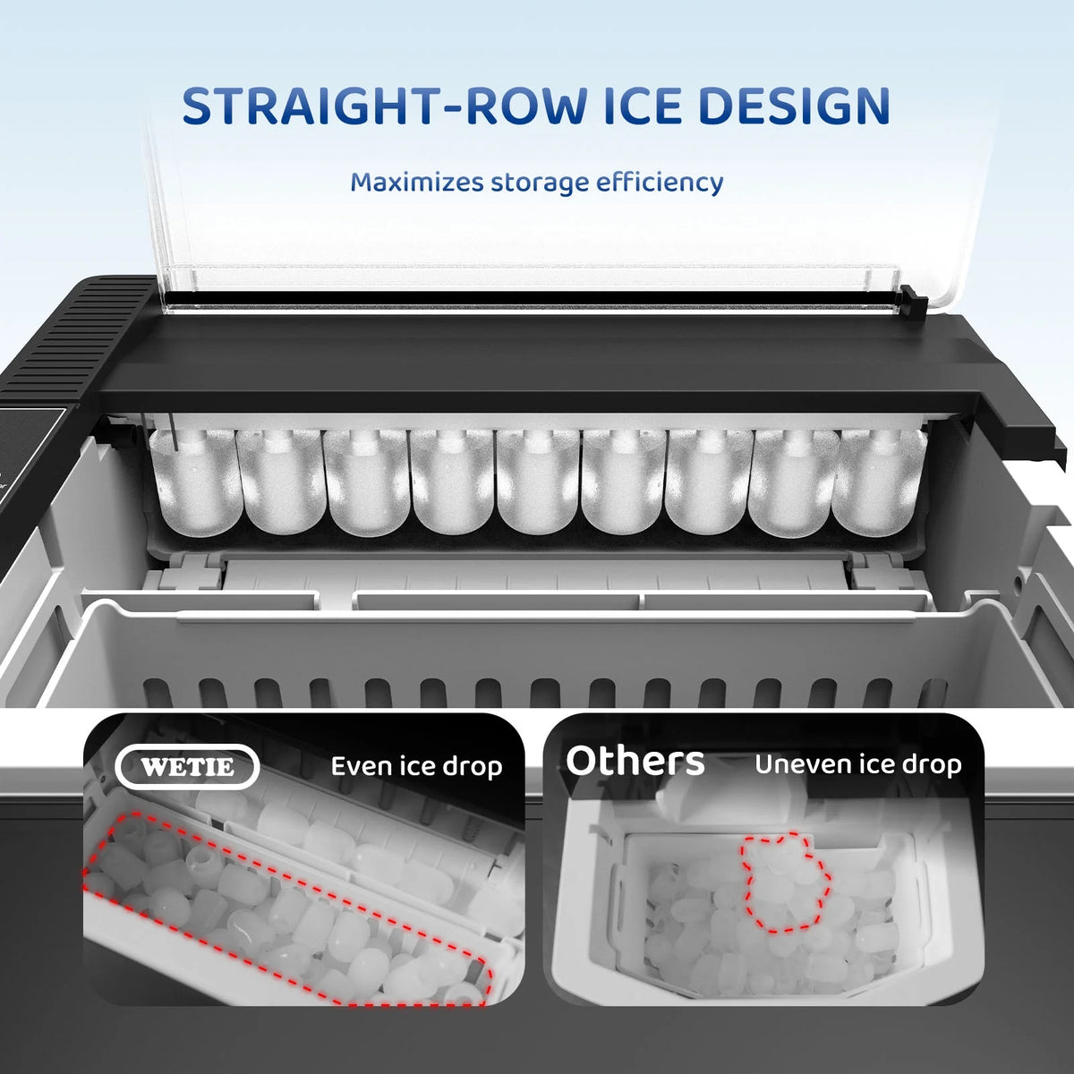 WETIE Countertop Ice Maker, 9 Bullet Ice Cubes in 6 Mins, 2 Ice Sizes, 26 lbs/24H with Removable & Washable Ice Tray & Scoop, with Self-Cleaning Function for Home/Kitchen/Camping/Party