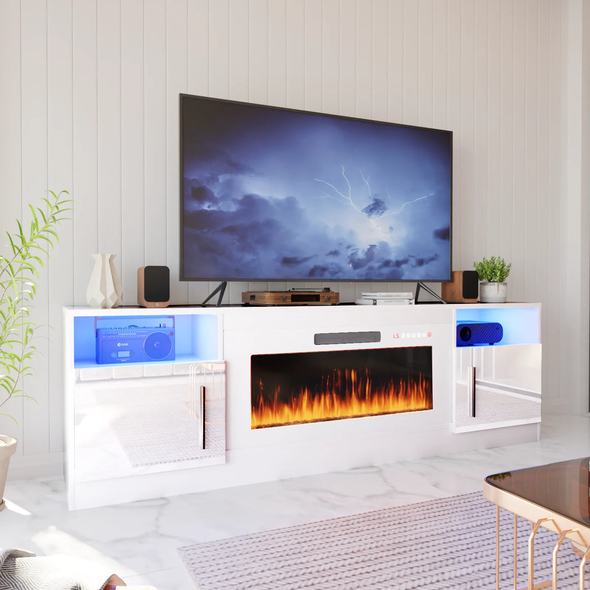 Waleaf Fireplace TV Stand with 36" Electric Fireplace Up to 80" TVs, Modern Wood Media TV Console with Highlight Cabinet, White