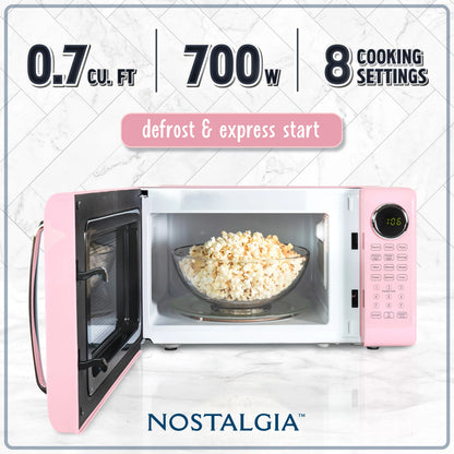 Nostalgia Retro Microwave Oven - 0.7 Cu Ft & 700-Watt Countertop Microwave with Glass Turntable, Child Safety Lock, 8 Auto-Cook Programs & Digital Clock - Aqua