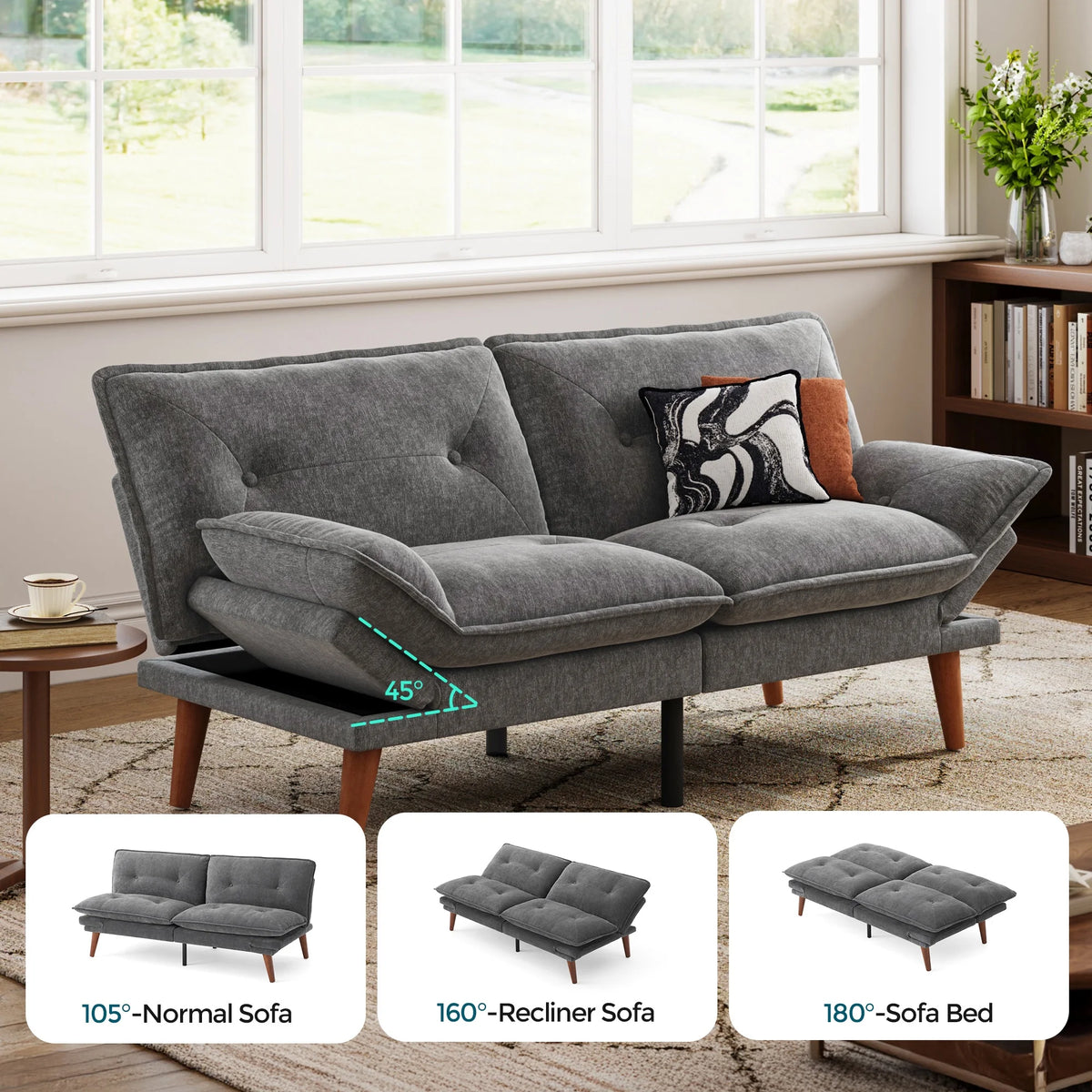 Linsy Home 70" W Chenille Convertible Futon Sofa Bed with Adjustable Armrests, Green