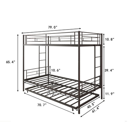 Seizeen Bunk Bed Twin Over Twin Size, Metal Triple Bunk Bed with Trundle, Black Heavy Duty Bunk Bed Frame Per Bed Up to 400LBS, 2 Side Ladders and All-round Safety Guard Rails