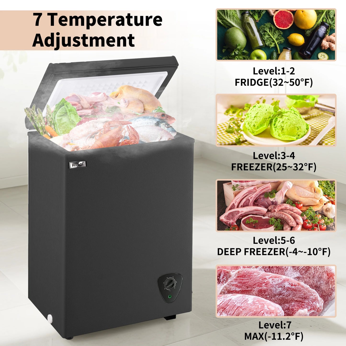 WANAI 3.5 Cubic Chest Freezer with Top Open Door,Removable Storage Basket,7 Gears Temp Control,Energy Saving,Black