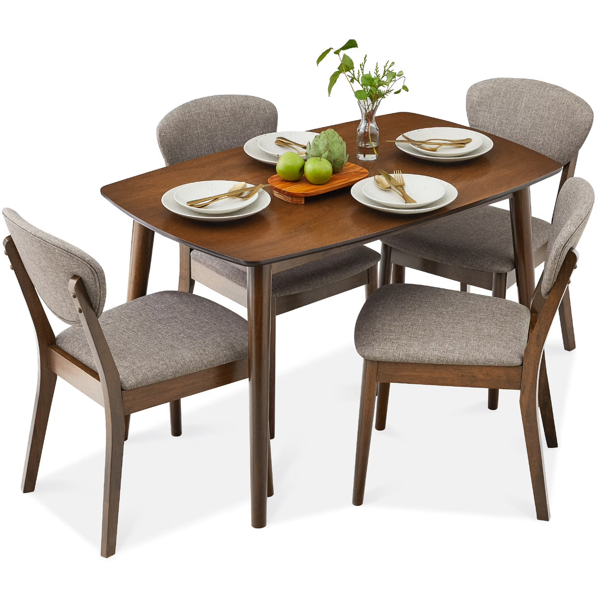 Best Choice Products 5-Piece Compact Wooden Mid-Century Modern Dining Set w/ 4 Chairs, Padded Seat & Back - Walnut/Cream