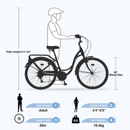 26 Inch Women's Bike, Adult Cruiser Bicycle Shimano 7 Speed Steel Frame City Commuter Bike for Ladies, Green