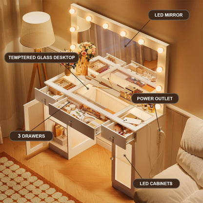 ABOVOBA Vanity Desk with Mirror and Lights,3 Drawers and Power Outlet Makeup Vanity for Women,White
