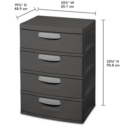 Sterilite 4 Drawer Unit, Durable Plastic Storage Solution for Garages and Basements, Dark Gray